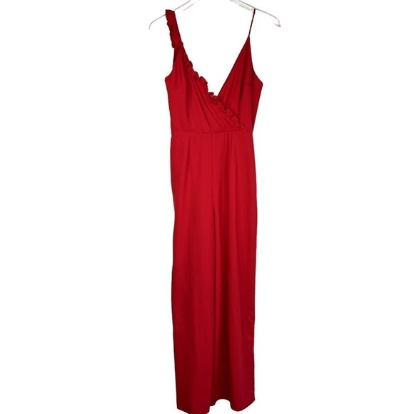 KEEPSAKE Forget You Jumpsuit Cherry Red V-Neck Sleeveless Wide Leg Asymmetrical - Picture 2 of 7